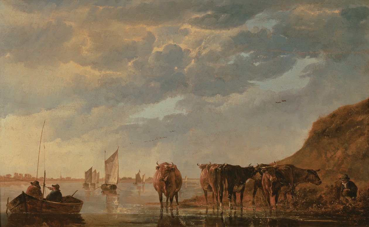 Pásztor öt tehénnel a folyó mellett, 1650 körül (panel) alkotó: Aelbert Cuyp