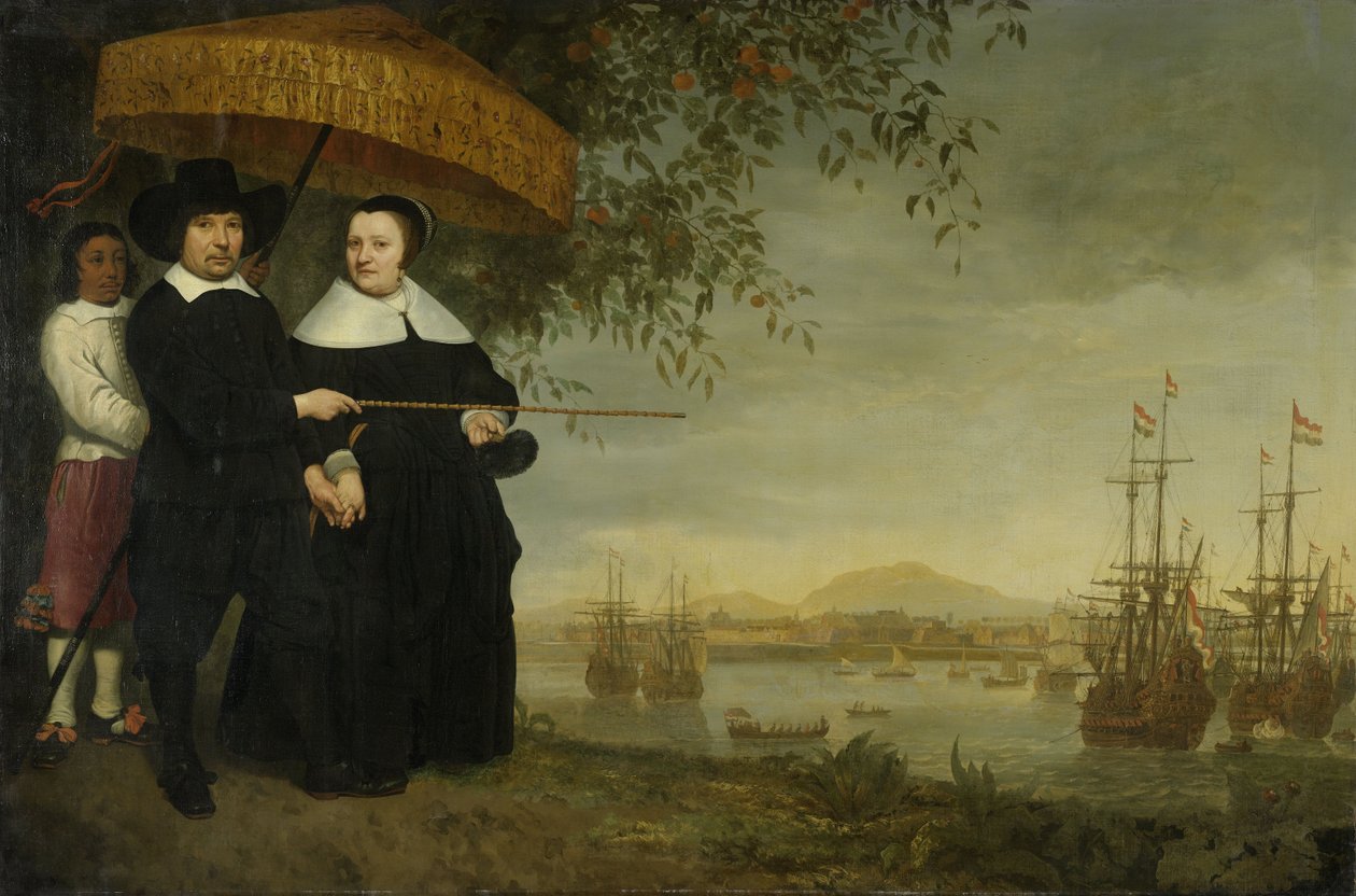 Jacob Mathieusen, a Holland Kelet-indiai Társaság egyik vezető kereskedője és felesége Bataviában, ahol a Holland Kelet-indiai Társaság hajói készülnek hazafelé 1640-60 körül. alkotó: Aelbert Cuyp