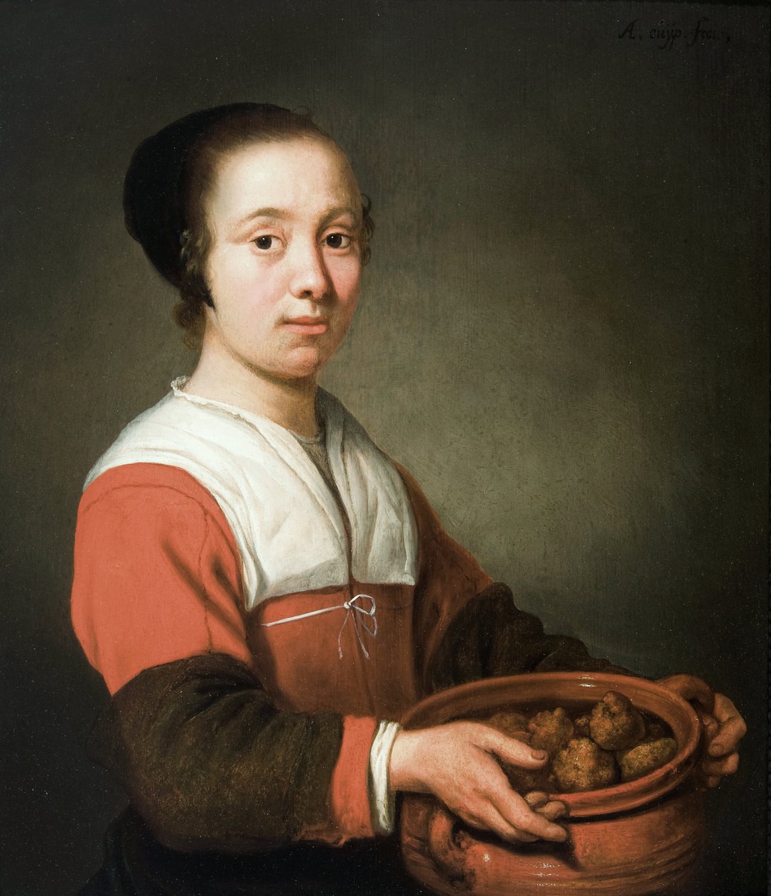 Fiatal nő egy főzőedényben, tele oliebollennel alkotó: Aelbert Cuyp