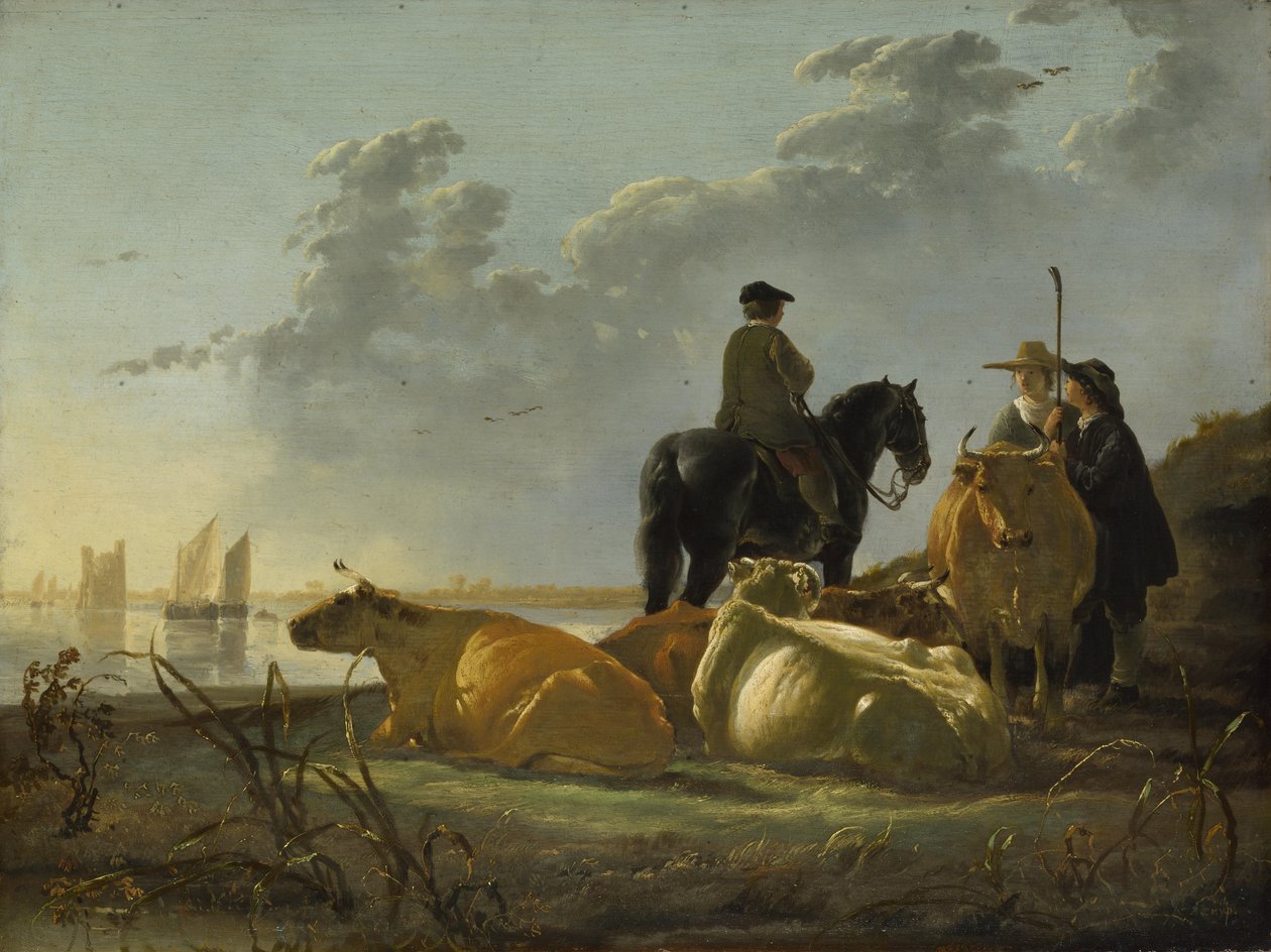 Parasztok négy tehénnel a Merwede folyó mellett alkotó: Aelbert Cuyp