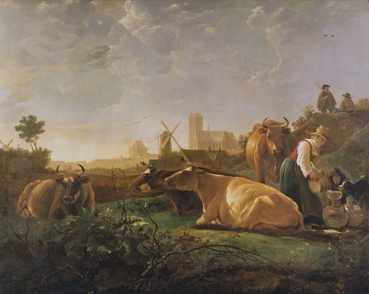 Dordrecht távoli kilátása alvó pásztorral és öt tehénnel ("A kis Dort"), 1650-52 alkotó: Aelbert Cuyp