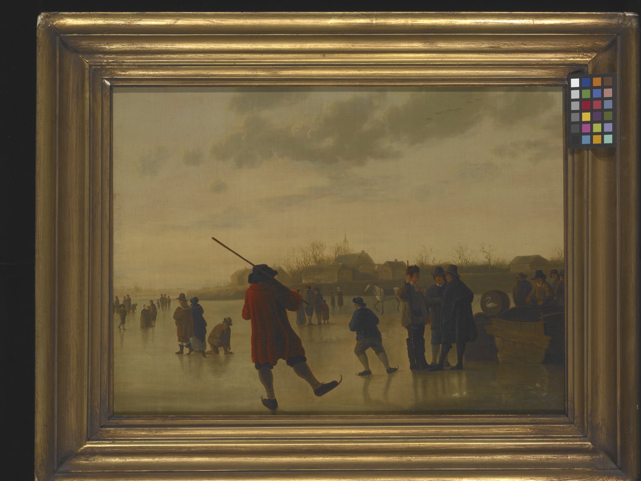 Befagyott folyó táj korcsolyázókkal (olaj, vászon) alkotó: Aelbert Cuyp