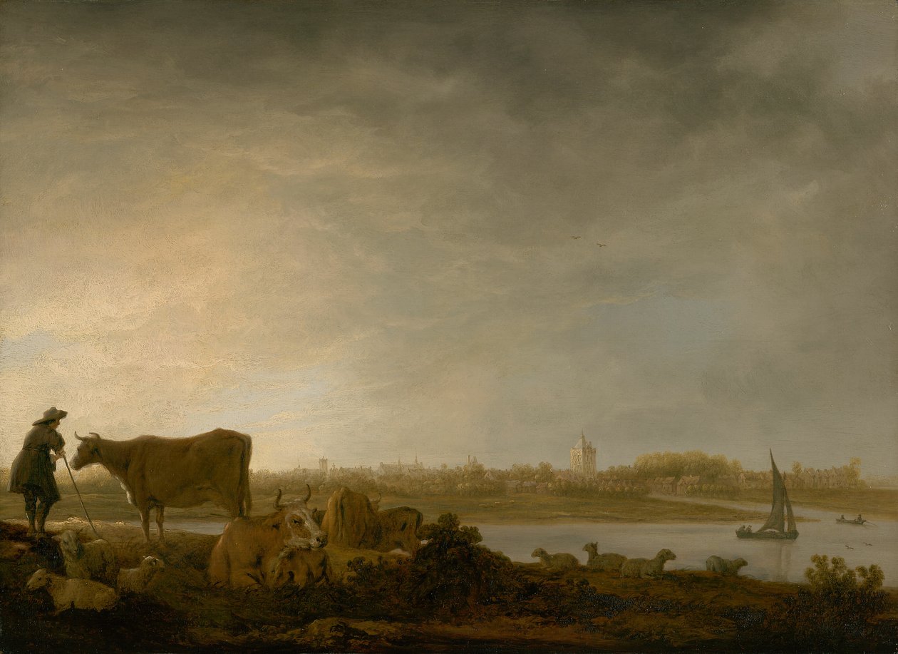 Vianen látképe egy pásztorral és szarvasmarhákkal a folyó mellett alkotó: Aelbert Cuyp