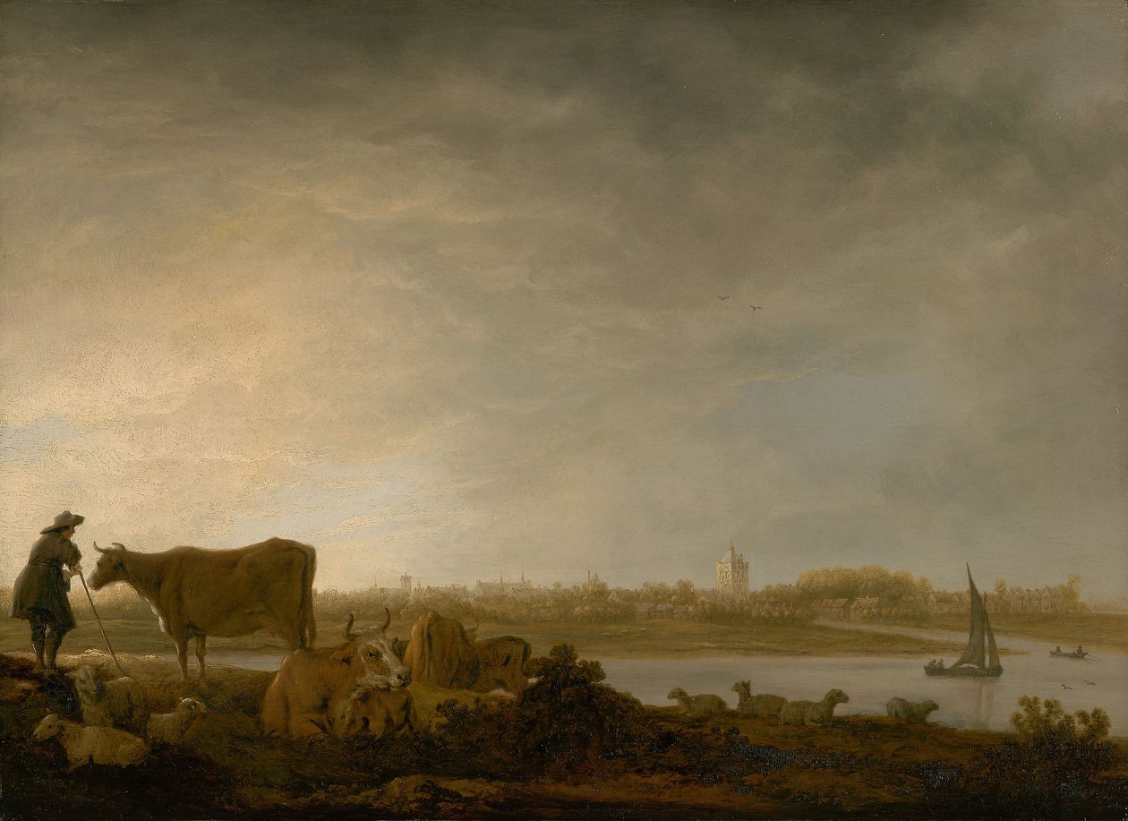 Vianen látképe egy folyó menti pásztorral és szarvasmarhákkal, 1643-45 körül (olaj, tábla) alkotó: Aelbert Cuyp