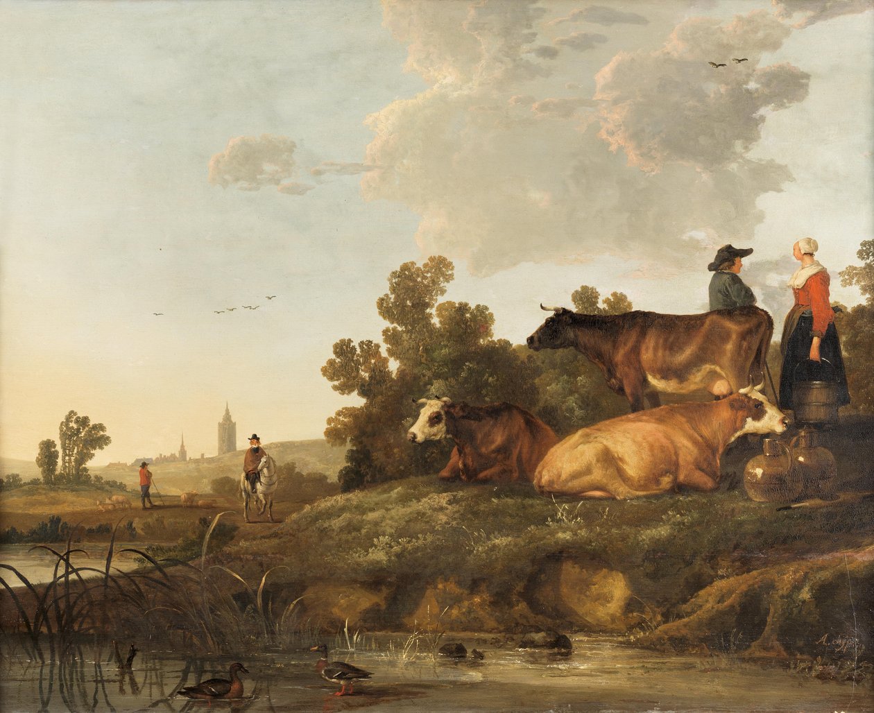 A marhák mellett álló kocsis és fejőnő, a távolban a városra nyílik kilátás. alkotó: Aelbert Cuyp