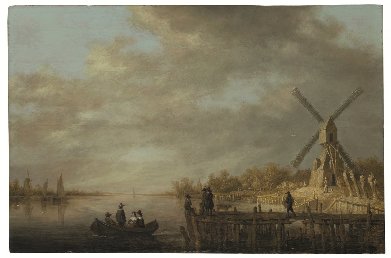 Folyami tájkép szélmalommal, előtérben evezős csónakban és mólón ülő emberek (olaj, tábla) alkotó: Aelbert Cuyp