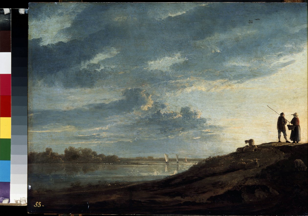 ""Naplemente a folyó felett"" (Naplemente a folyó felett) Albert (Aelbert vagy Aelbrecht) Cuyp festménye (1620-1691) 1650 kb. Méret: 38,5x53 cm Ermitázs Múzeum, Szentpétervár alkotó: Aelbert Cuyp
