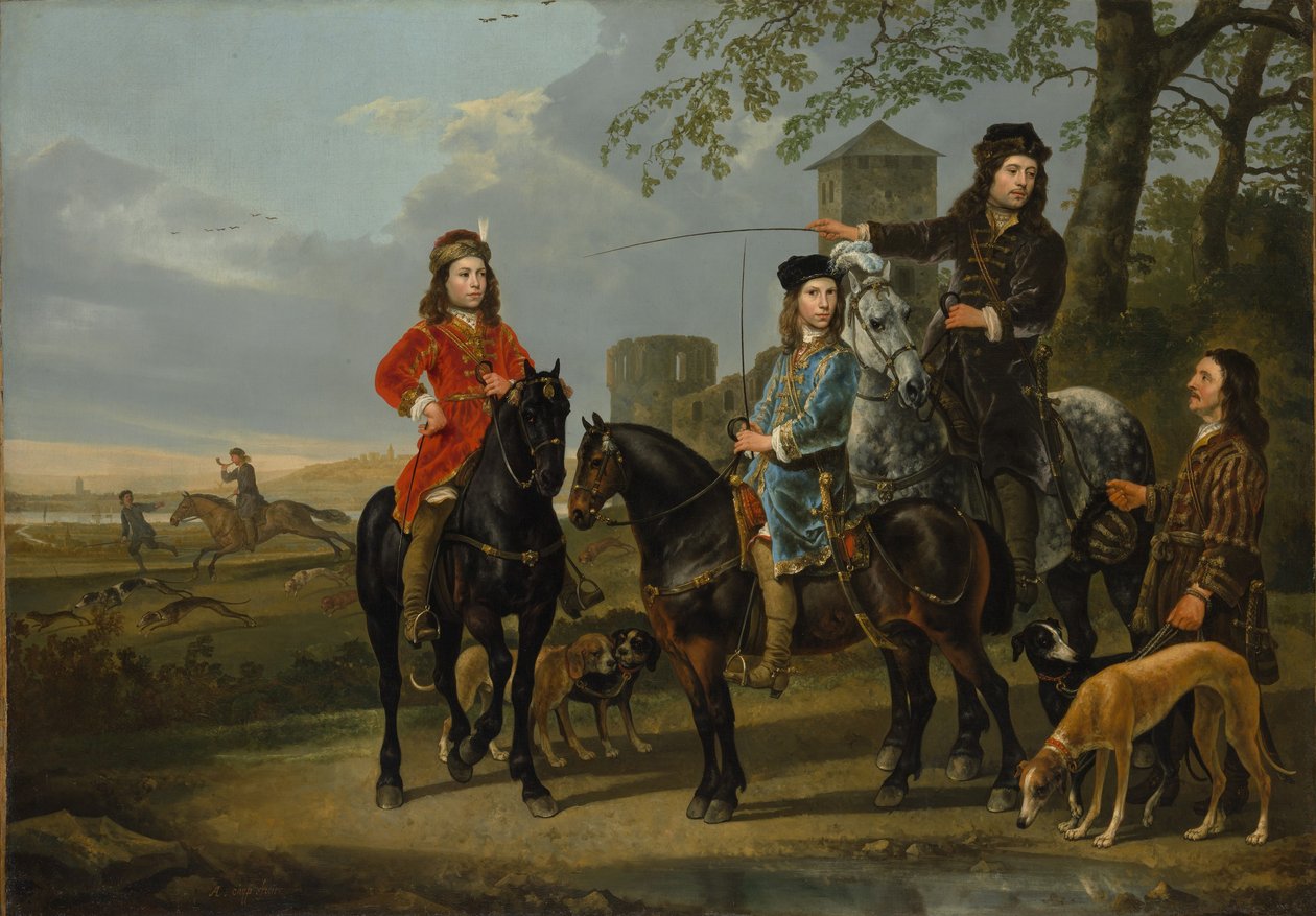 Cornelis (1639–1680) és Michiel Pompe van Meerdervoort (1638–1653) lovas portréja nevelőjükkel és kocsisukkal alkotó: Aelbert Cuyp