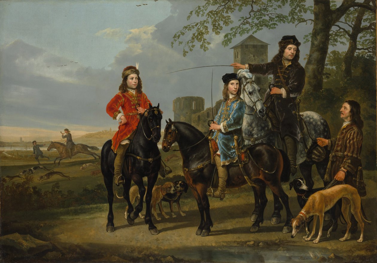 Cornelis és Michiel Pompe van Meerdervoort lovas portréja oktatójukkal és edzőjükkel, Indulás a vadászatra, 1652-53 körül alkotó: Aelbert Cuyp