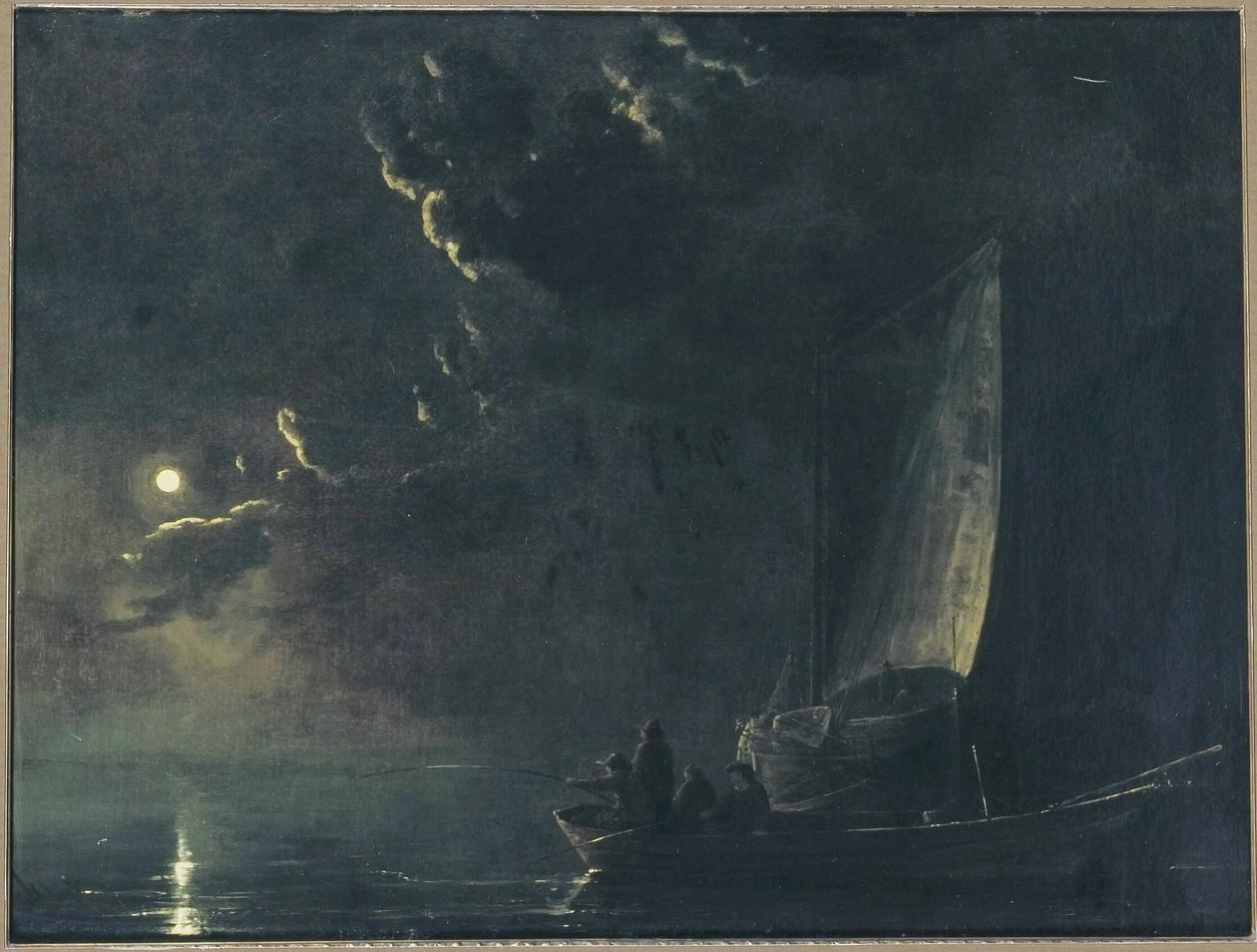 Német: Holdbéli táj, előtérben halászhajó halászokkal Halászok holdfényben alkotó: Aelbert Cuyp