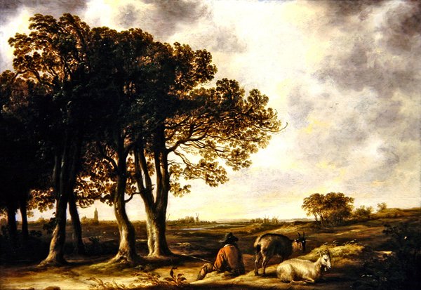 Kecskepásztor tájban, Amszterdam távoli kilátása (olaj, panel) alkotó: Aelbert Cuyp