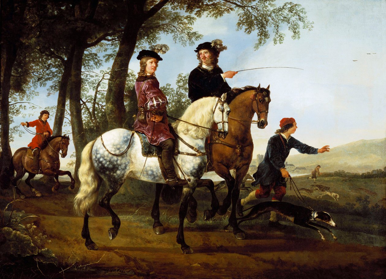 Táj sportolókkal, akik vadászni indulnak, 1650-es évek eleje alkotó: Aelbert Cuyp