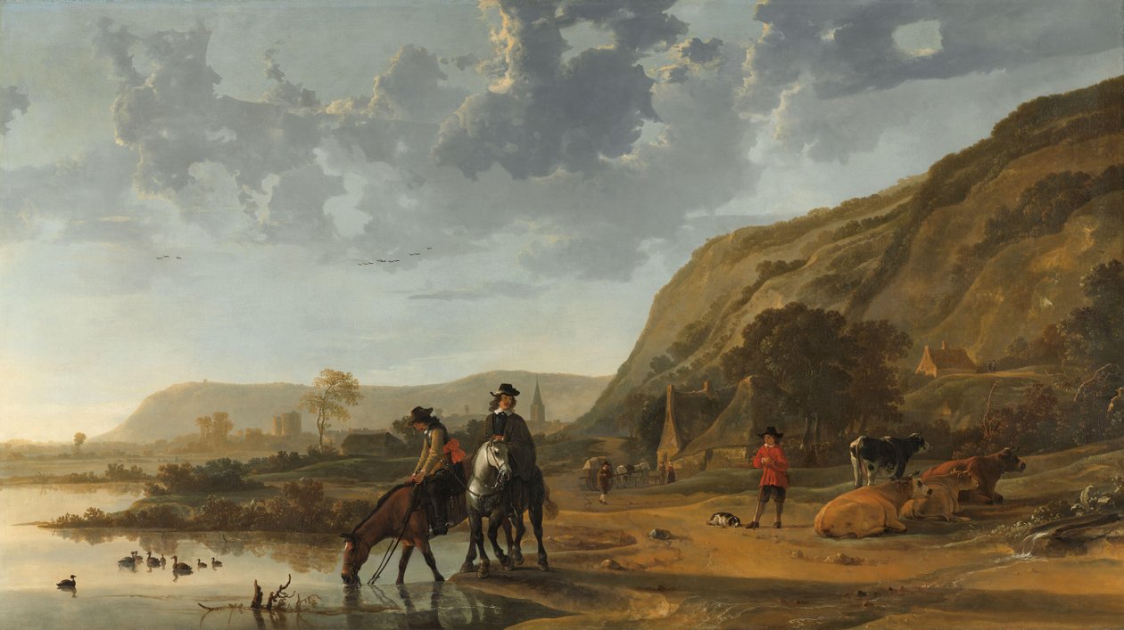 Folyói táj lovasokkal Folyói táj Nijmegen közelében, lovasok itatják lovaikat alkotó: Aelbert Cuyp