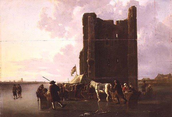 Városiak szánokkal a fagyos Maason, a Huis te Merwede mellett alkotó: Aelbert Cuyp