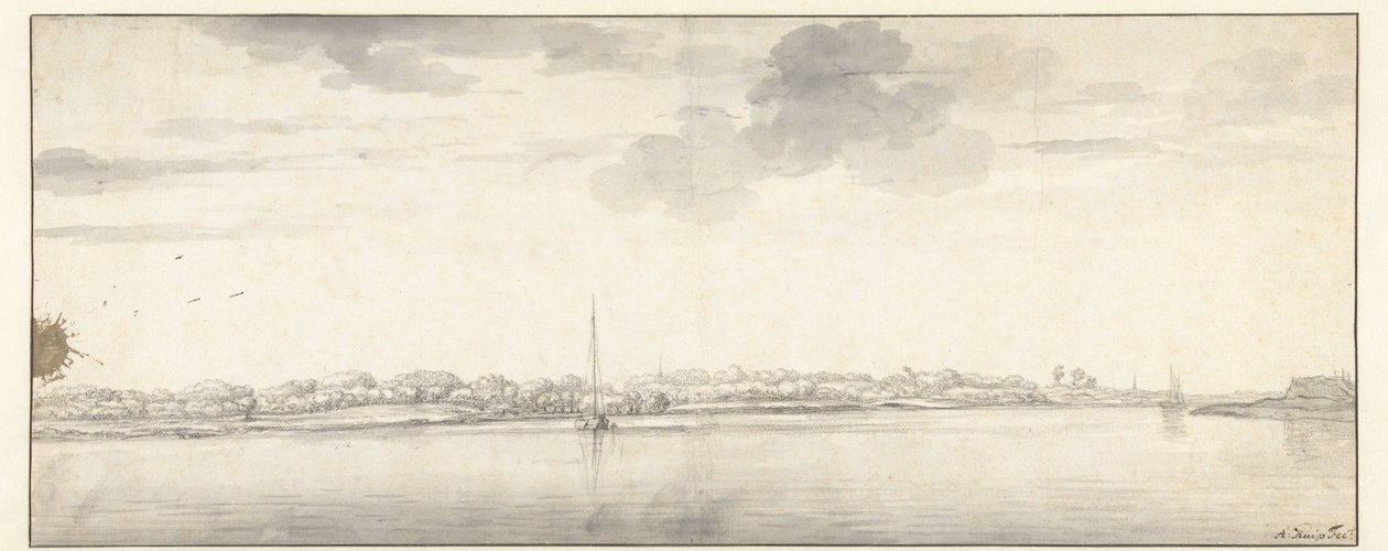 Kiterjedt folyóra néző hajókkal nyugodt vízen alkotó: Aelbert Cuyp