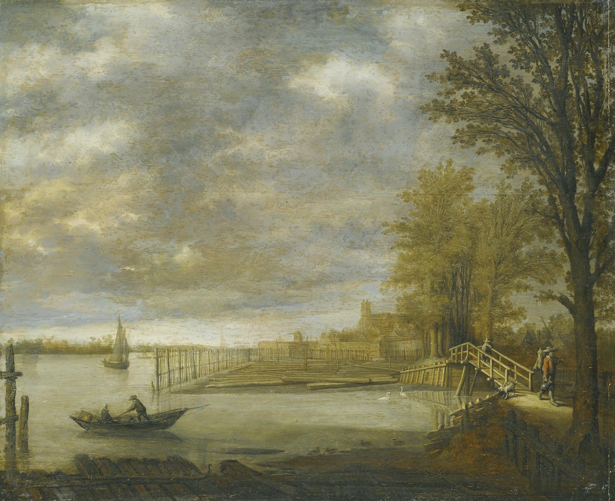 Dordrecht látképe délről, előtérben a fűrésztelepek alkotó: Aelbert Cuyp