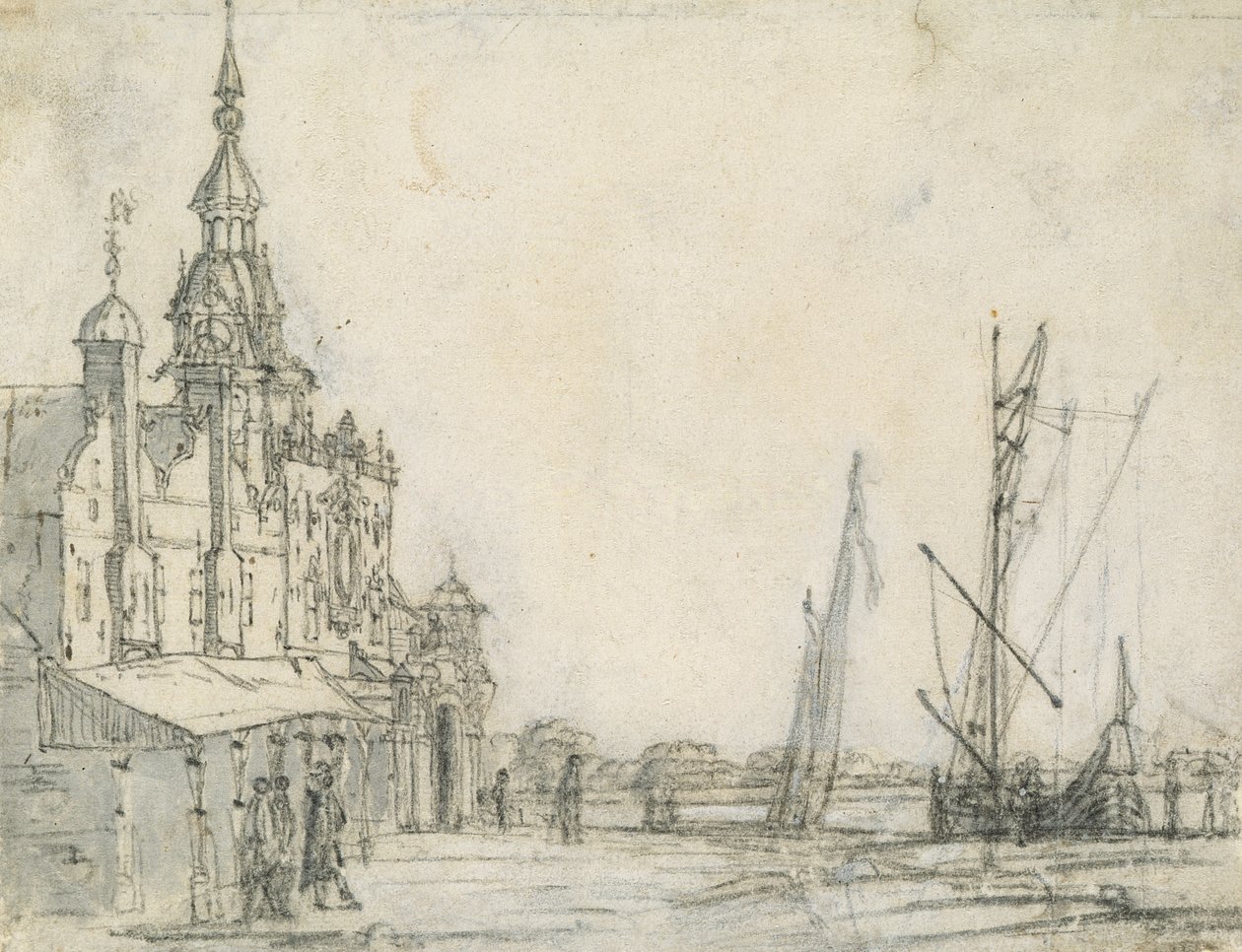 Kilátás a Groothoofdspoortra északkeletről, Dordrecht, 1618 (kréta papíron) alkotó: Aelbert Cuyp