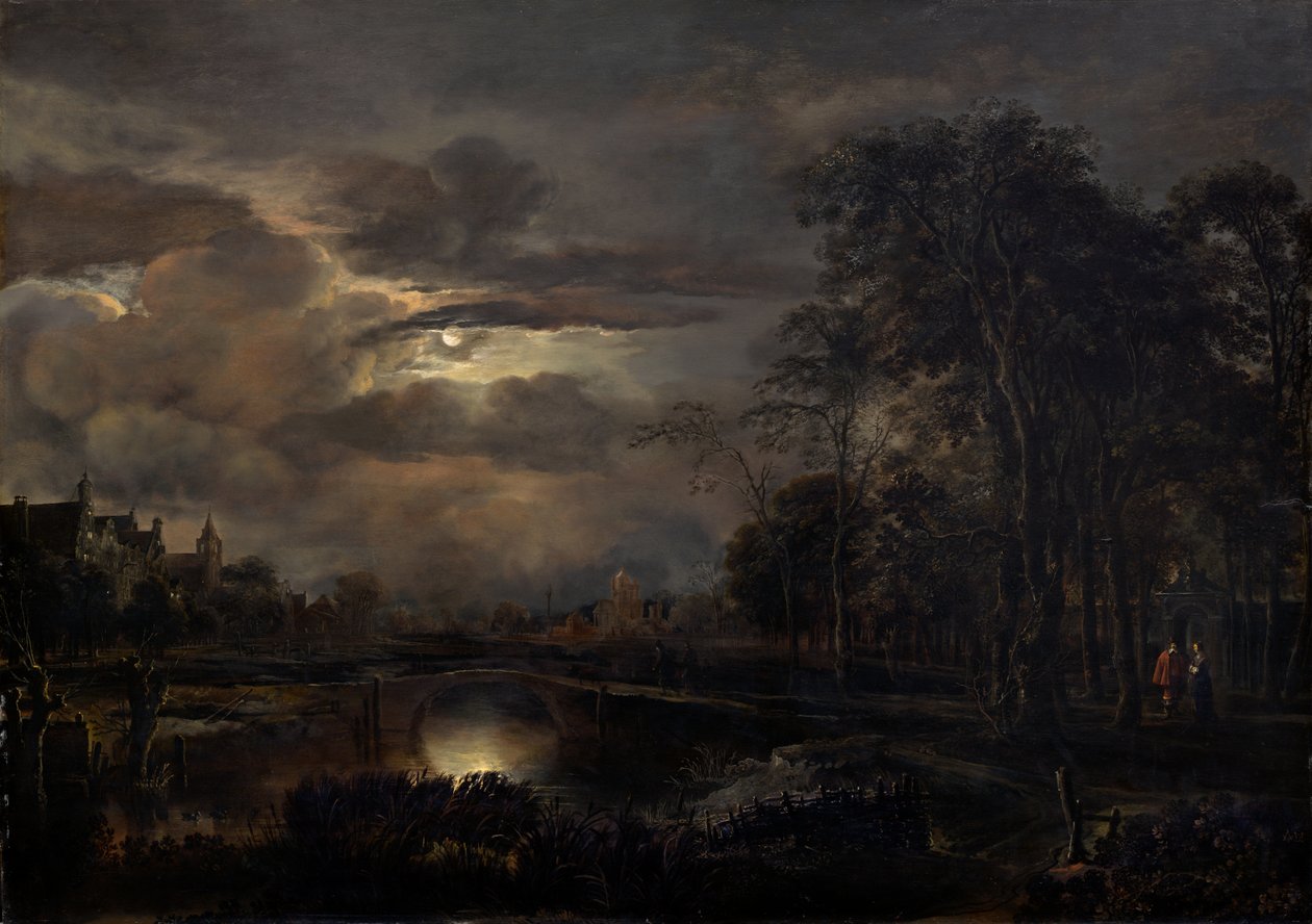 Holdfényes táj híddal alkotó: Aert van der Neer