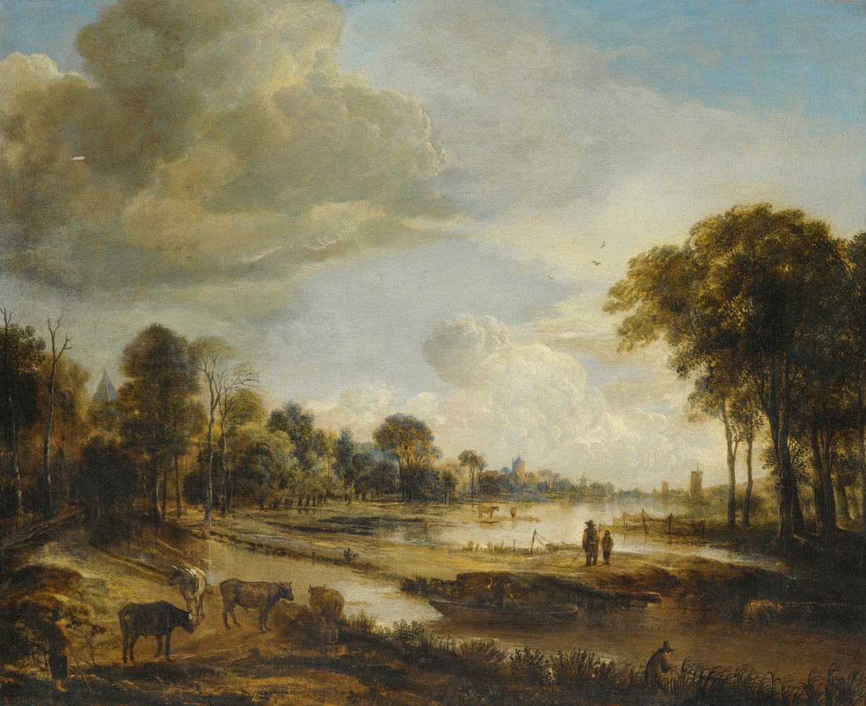 Folyami táj figurákkal és marhákkal alkotó: Aert van der Neer