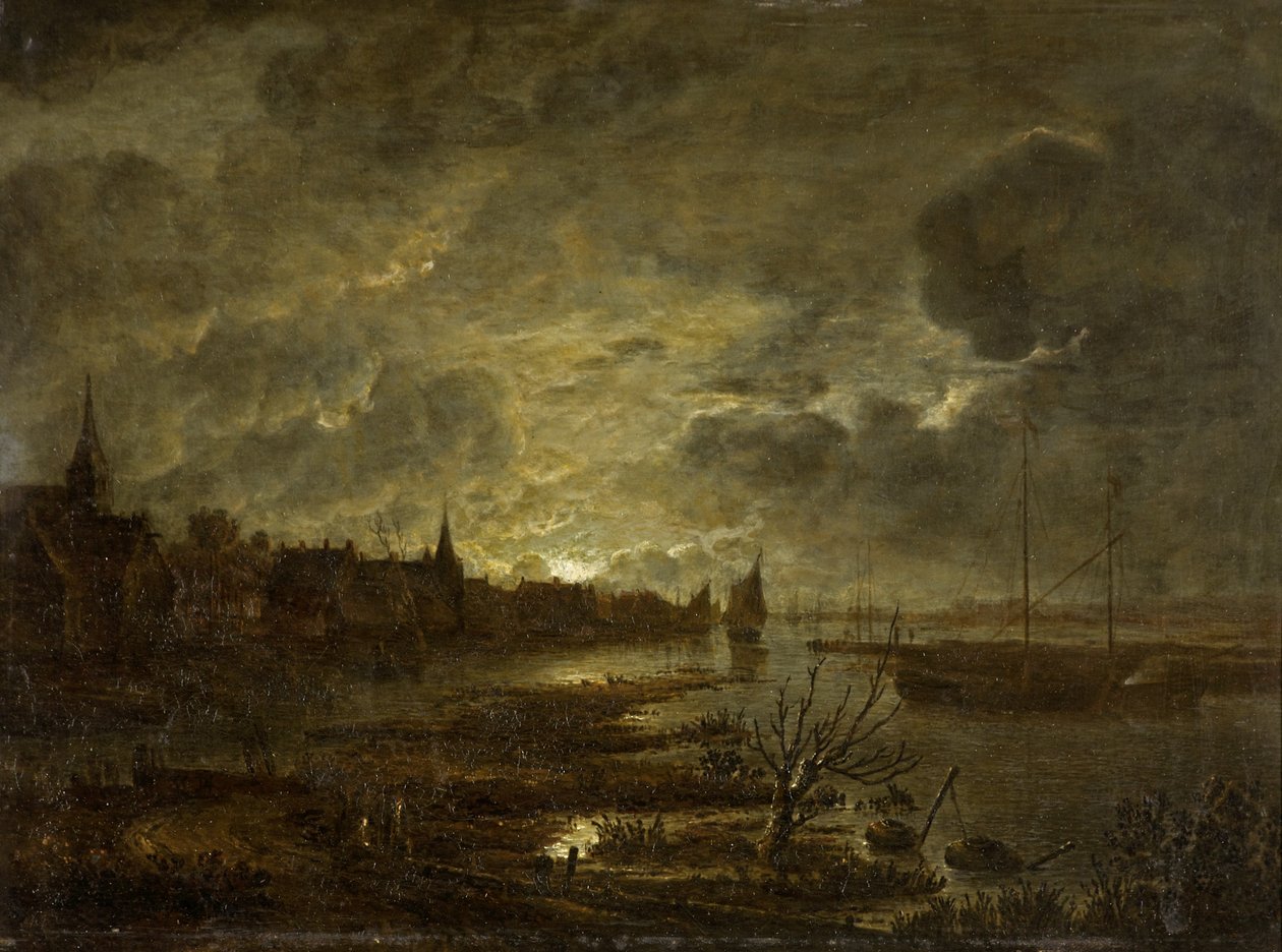 Falu a folyóparton holdfényben, 1645-1700 körül alkotó: Aert van der Neer