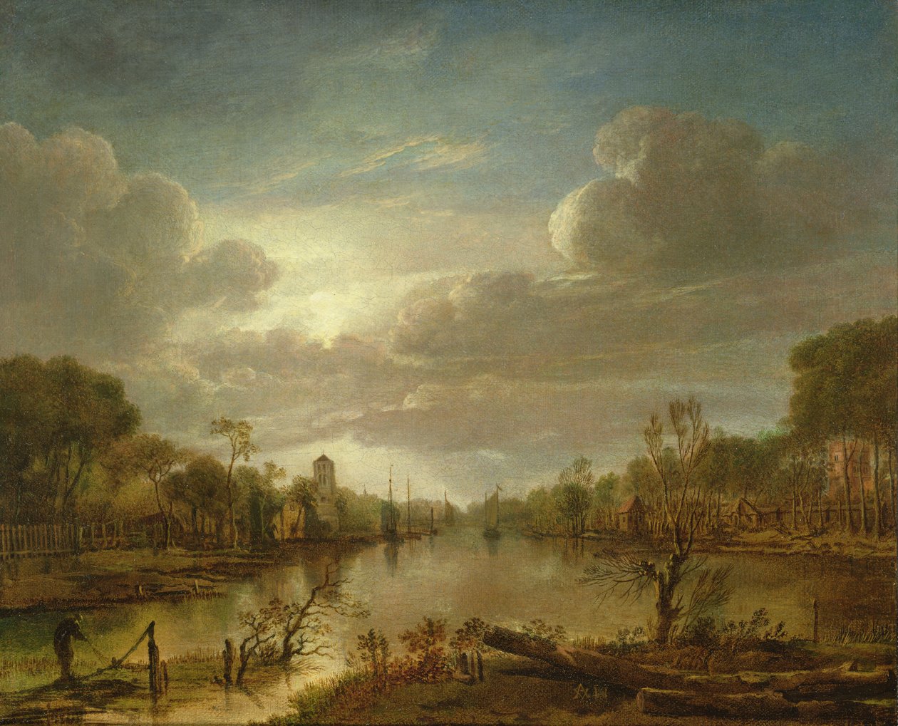 Folyói táj holdfényben, 17. század alkotó: Aert van der Neer