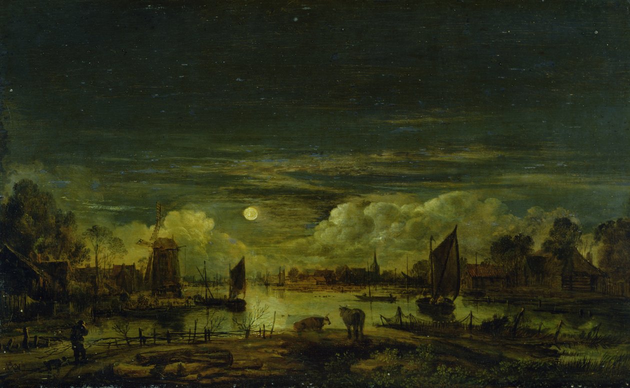 Holdfényes táj (olaj, tölgyfa panelen) alkotó: Aert van der Neer