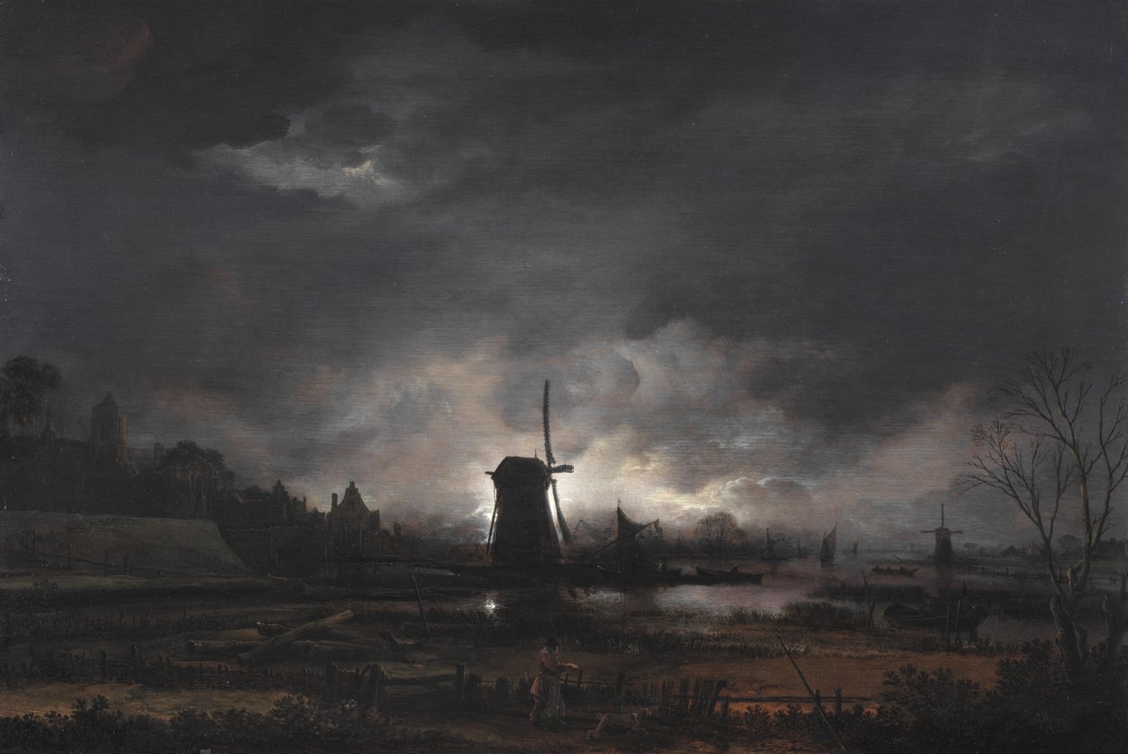 Holdfényes tájkép szélmalommal, 1650-es évek eleje-közepe (olaj, tölgyfa panelen) alkotó: Aert van der Neer