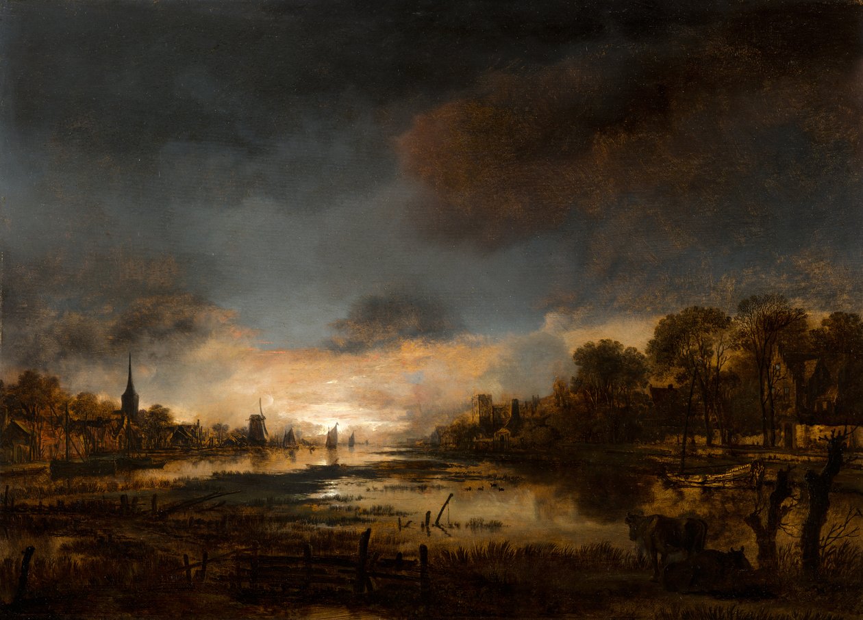 Folyói táj naplementekor alkotó: Aert van der Neer