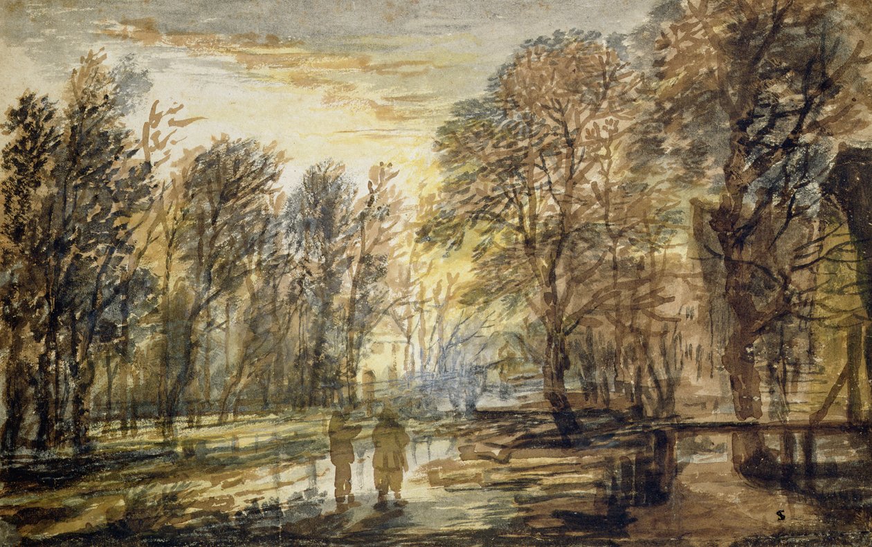 Naplemente az erdőben (ceruza és barna tinta papíron) alkotó: Aert van der Neer