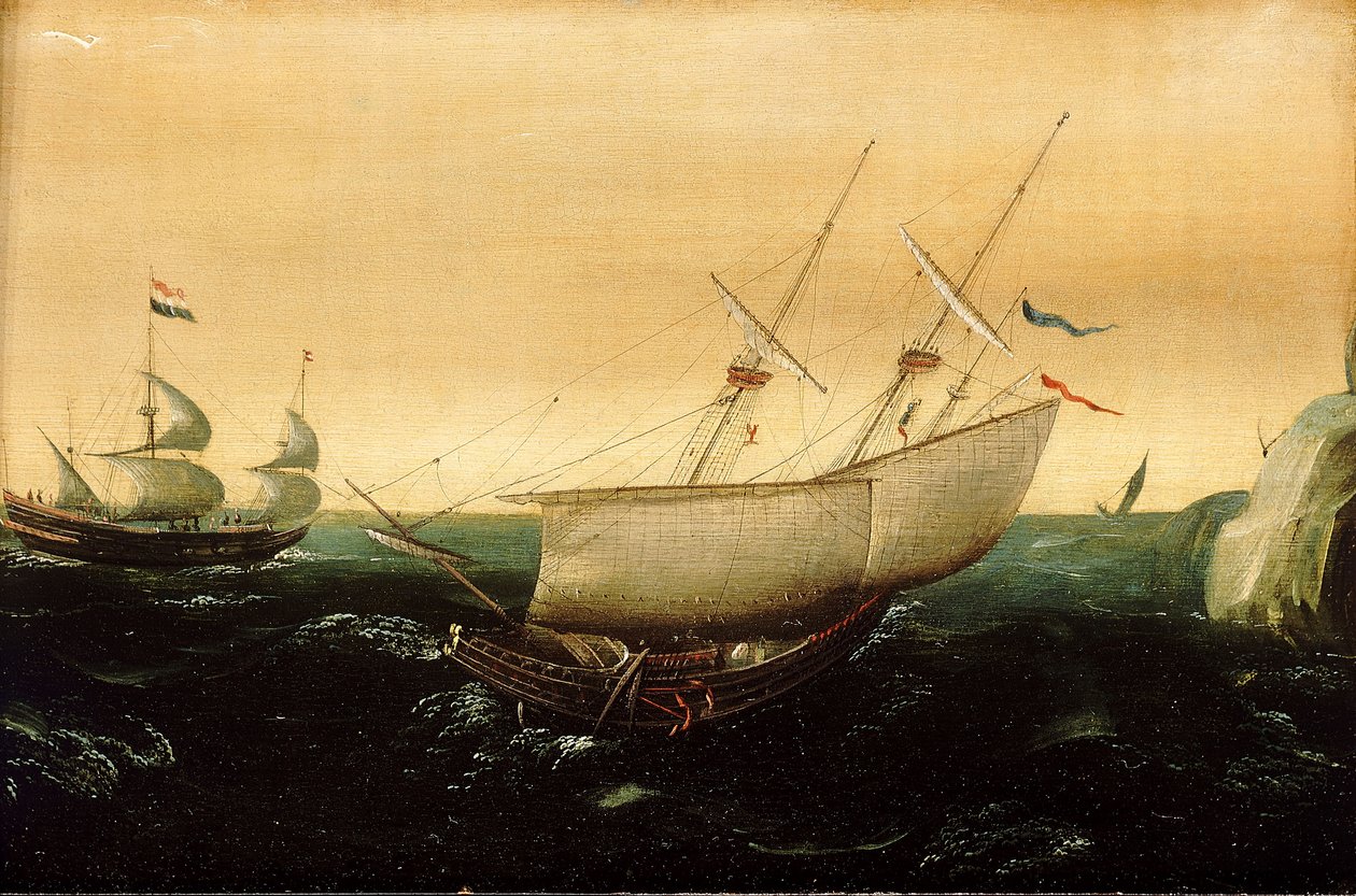 Egy holland hajó, közel vontatva, 1610 körül (olaj, panel) alkotó: Aert Anthonisz