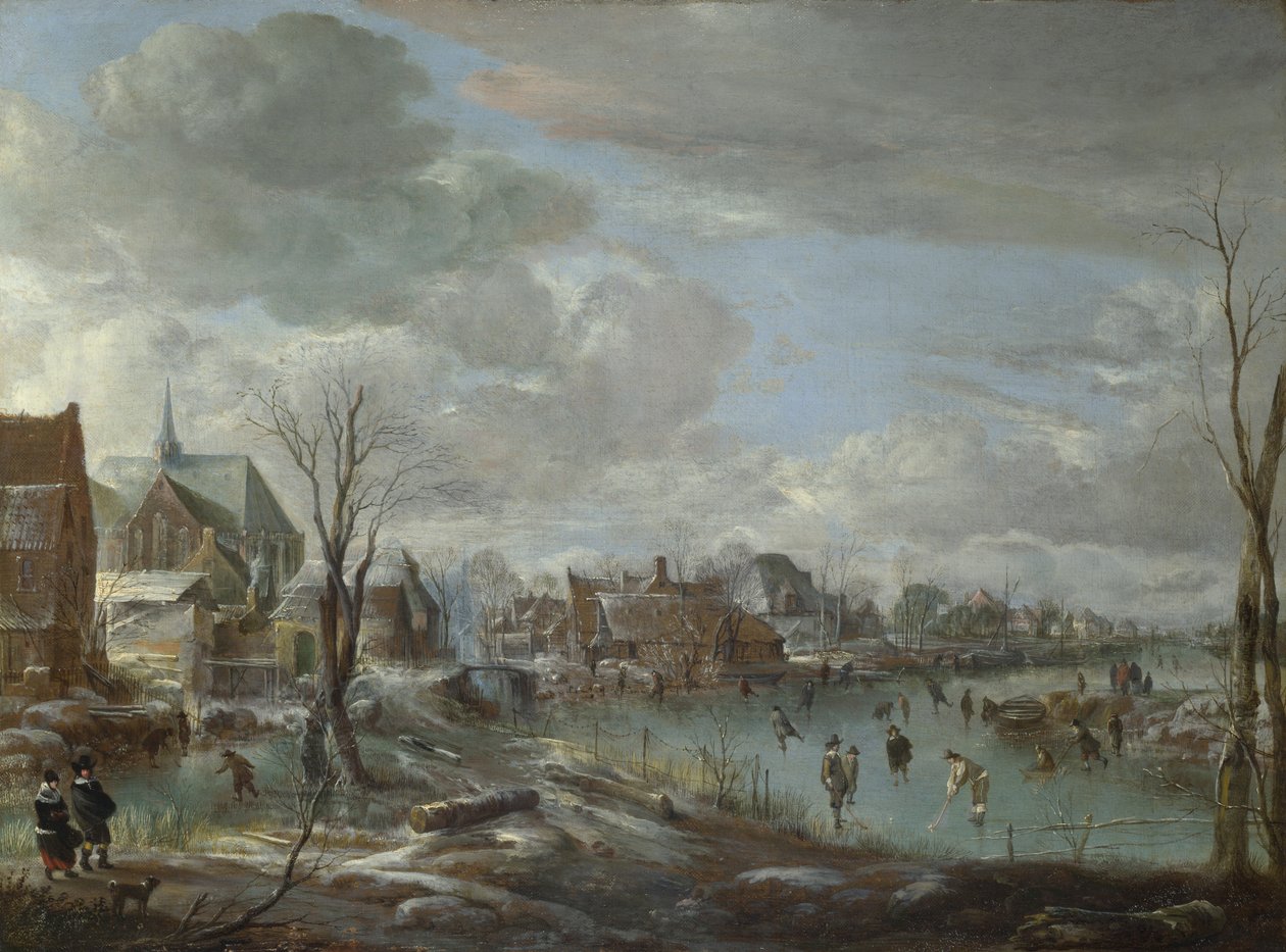 Befagyott folyó egy falu közelében, golfozókkal és korcsolyázókkal, c. 1647-1648 alkotó: Aert van der Neer