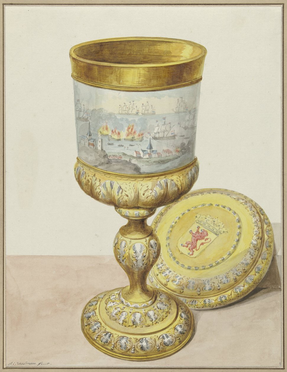 Arany kupa fedővel, amelyet Cornelis de Witt kapott a Chatham-i utazás alkalmából, 1667 alkotó: Aert Schouman (signed by artist)