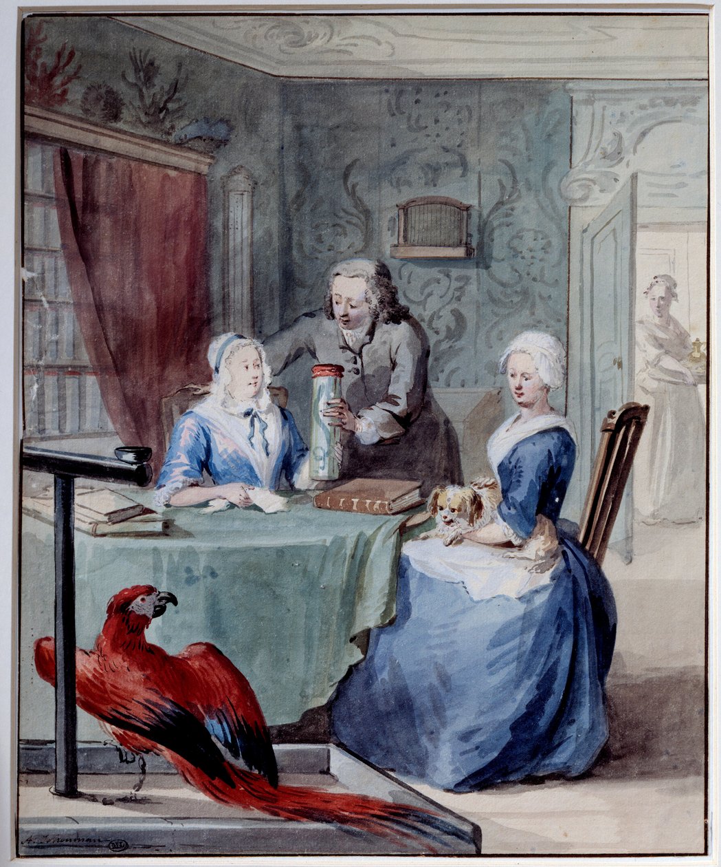 Egy természettudós megmutat két nőnek egy üveget, amelyben egy kígyó van az előtérben, egy papagáj. Aert Schouman (1710-1792) akvarellje 18. századi nap. 0,24x0,2 m Párizs, Musee du Louvre alkotó: Aert Schouman
