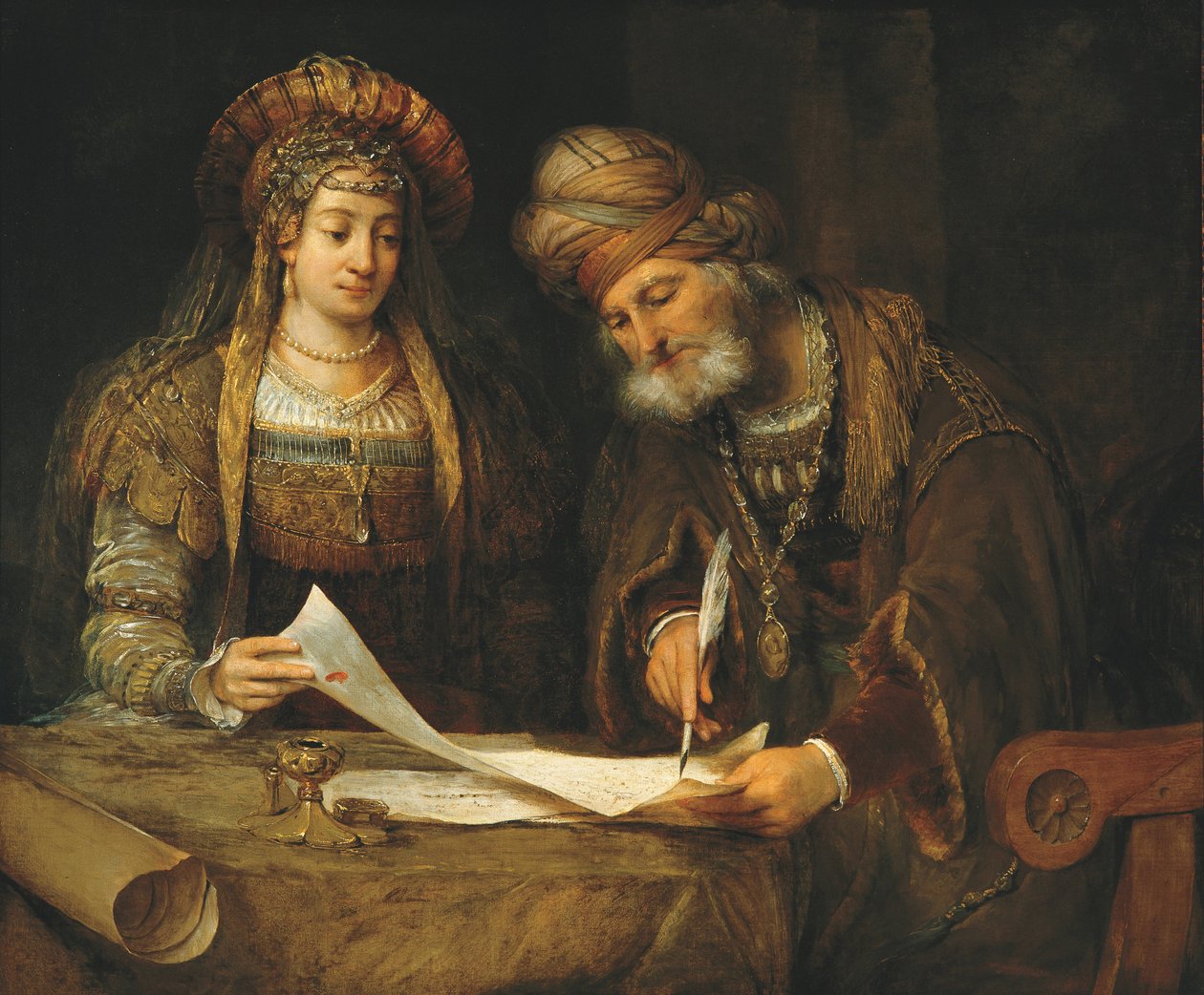 Eszter és Márdokeus Purim első levelének írása, 1675 körül (olaj, vászon) alkotó: Aernt de Gelder