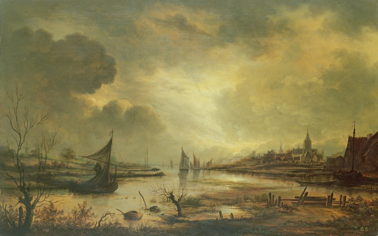 Holland város a folyón Holdfénynél (olaj a panelen) alkotó: Aert van der Neer