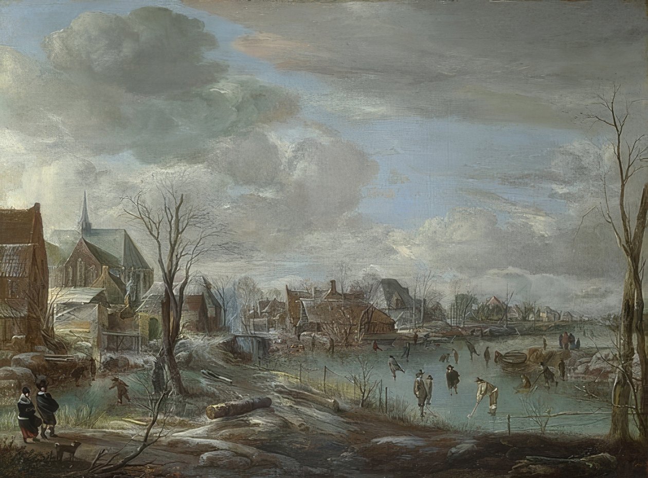 Befagyott folyó egy város közelében golfozókkal és korcsolyázókkal. 1648 körül alkotó: Aert van der Neer