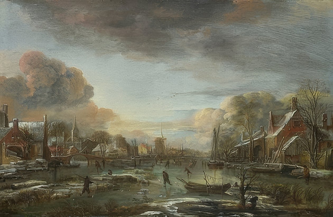 Egy befagyott folyó egy várossal az esti órákban. 1665 körül alkotó: Aert van der Neer