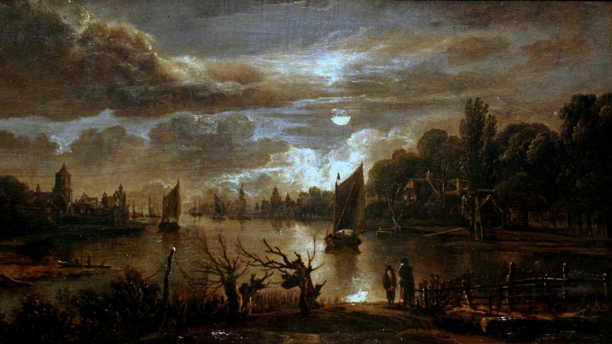 Német: Mondscheinlandschaft mit breitem Kanal Holdfényes táj széles patakkal alkotó: Aert van der Neer