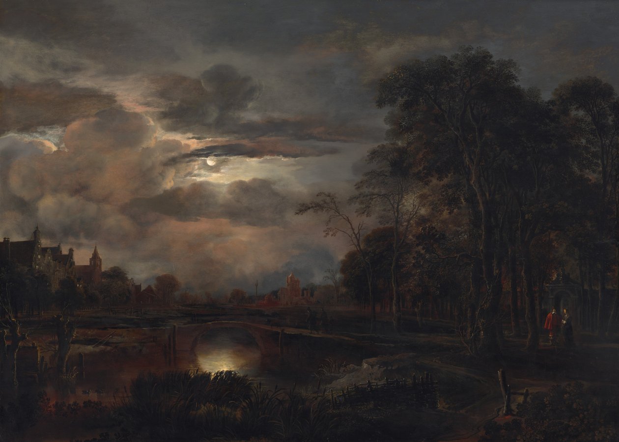 Holdfényes táj híddal alkotó: Aert van der Neer