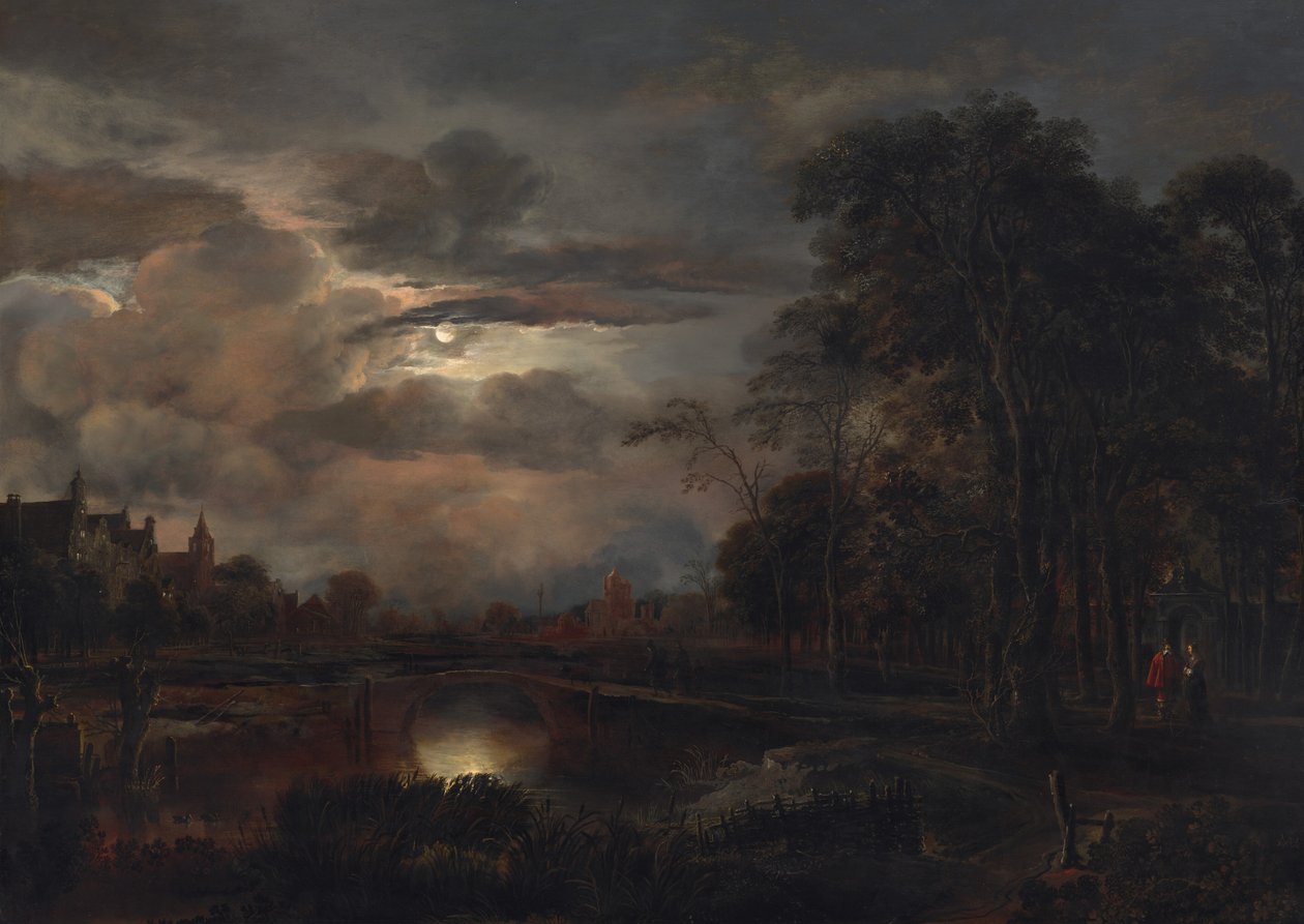 Holdfényes táj híddal, valószínűleg 16481650. alkotó: Aert van der Neer