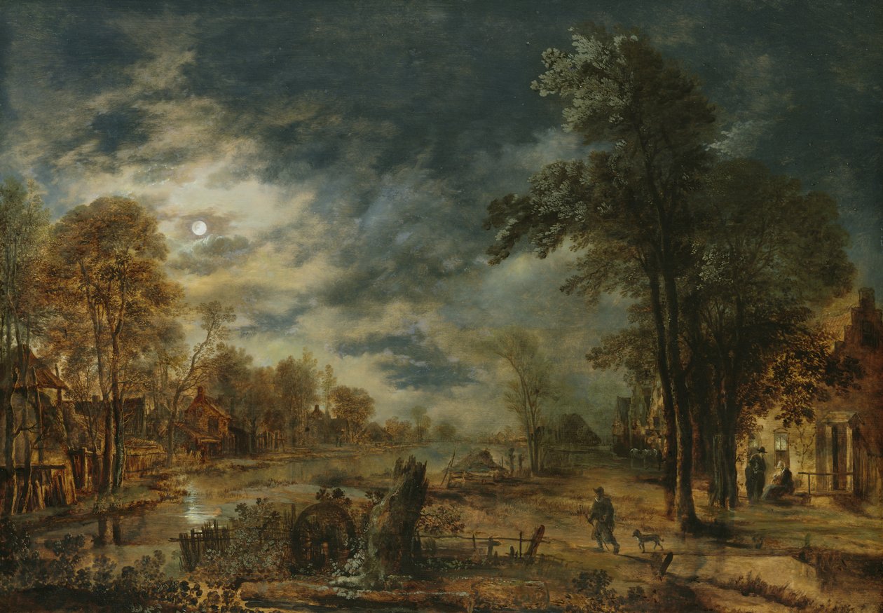 Holdfényes táj faluval alkotó: Aert van der Neer