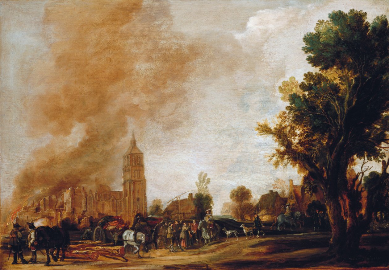 Katonák elhagyják az égő falut, 1637 alkotó: Aert van der Neer