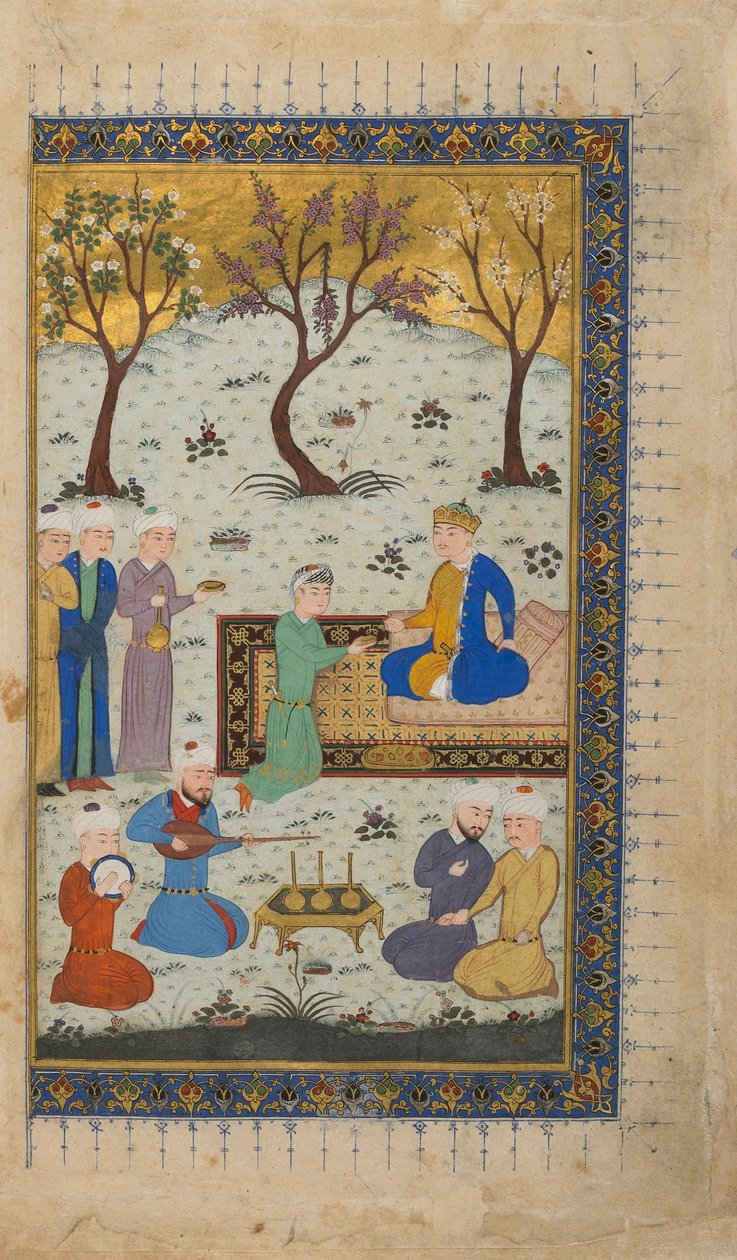 Fólió azonosítatlan szövegből; verso: Egy herceg trónoló kísérőkkel körülvéve, Herat, Afganisztán, 1425-1430 körül (átlátszatlan akvarell, tinta és arany papíron) alkotó: Afghan School