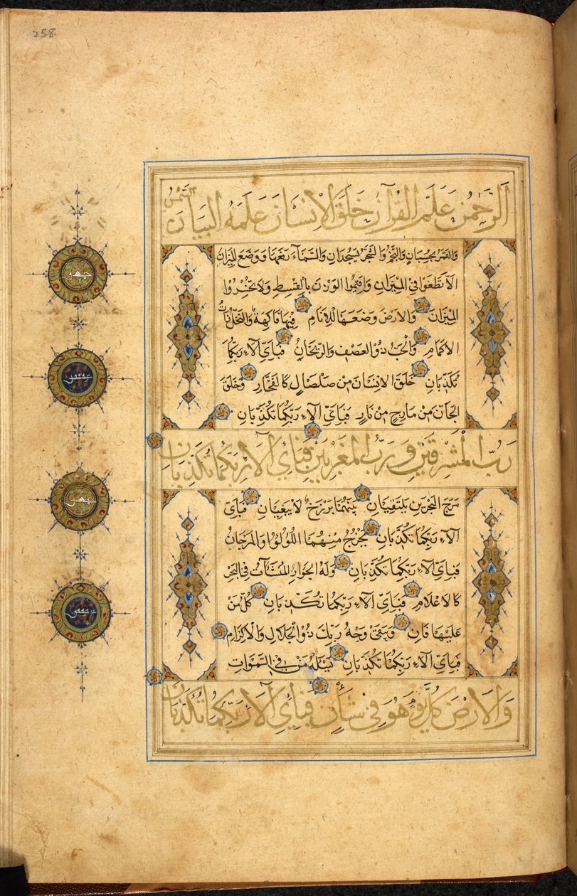 Oldal egy szafavida Koránból, amely az afganisztáni Heratban íródott thuluth és naskhi írással, 970 AH/AD 1563, Or. 13087, f. 258r (tollal és tintával, papírra) alkotó: Afghan School
