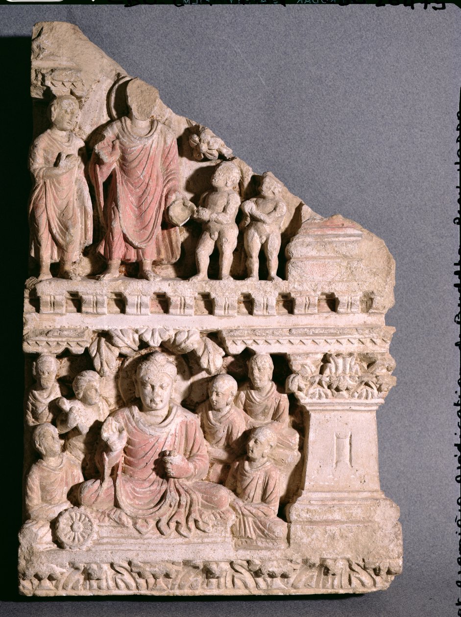 Jelenetek Buddha életéből: egy tál por felajánlása és az első prédikáció, görög-buddhista stílusban, Haddából, 1-4. század (mészkő) alkotó: Afghan School