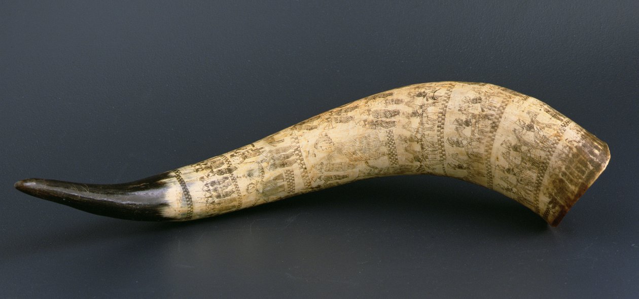 Tehénszarv az angol-zulu háború jeleneteivel, Észak-Nguni Délkelet-Afrika, 1879 körül (tehénszarv) alkotó: African