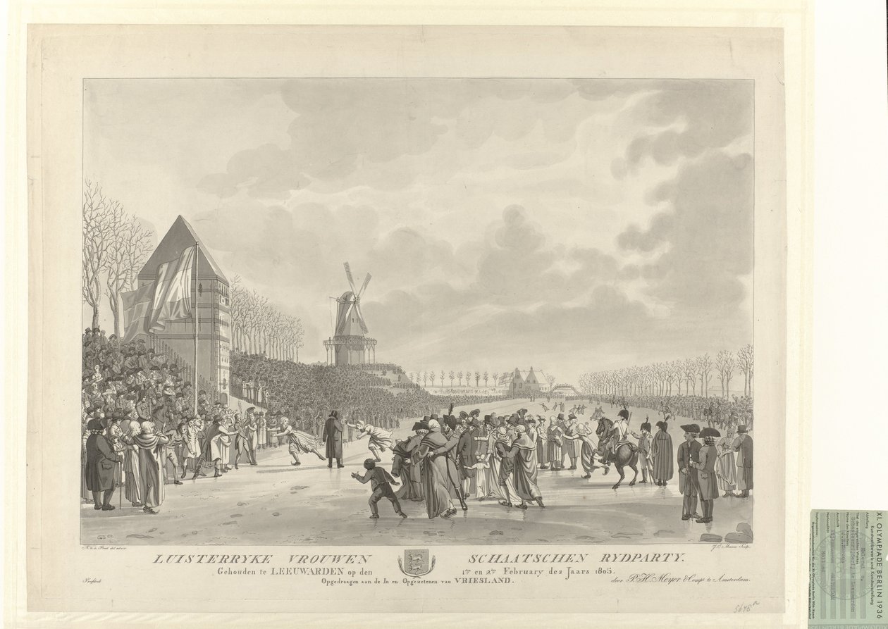 Rövidpályás korcsolyaverseny 1805 -ben Leeuwardenben, a Vrouwenwaterpoort közelében, szélmalommal túl. A győztes Trijntje Pieters Westra lett alkotó: After Aldert Jacobs van der Poort  
