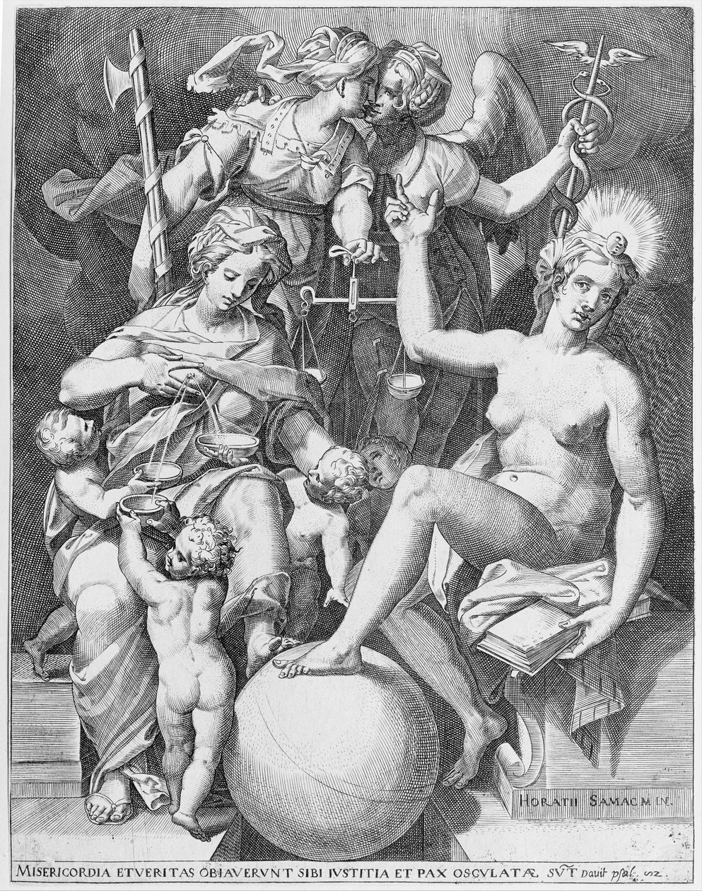 Dávid zsoltárának allegóriája, Misericordia balra ül, négy gyermeket etet..., 1579. alkotó: After Agostino Carracci.
