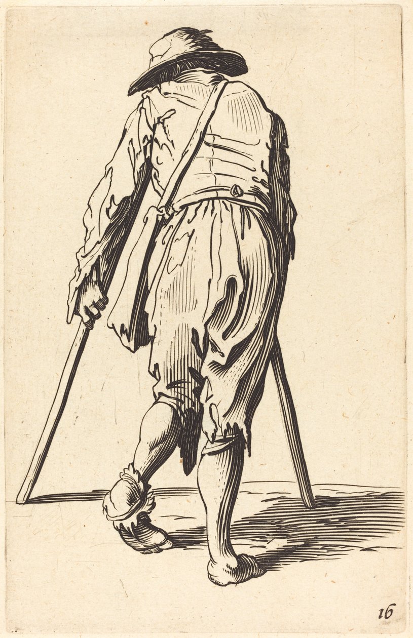 Koldus mankóval és kalappal, hátulnézet alkotó: After Jacques Callot