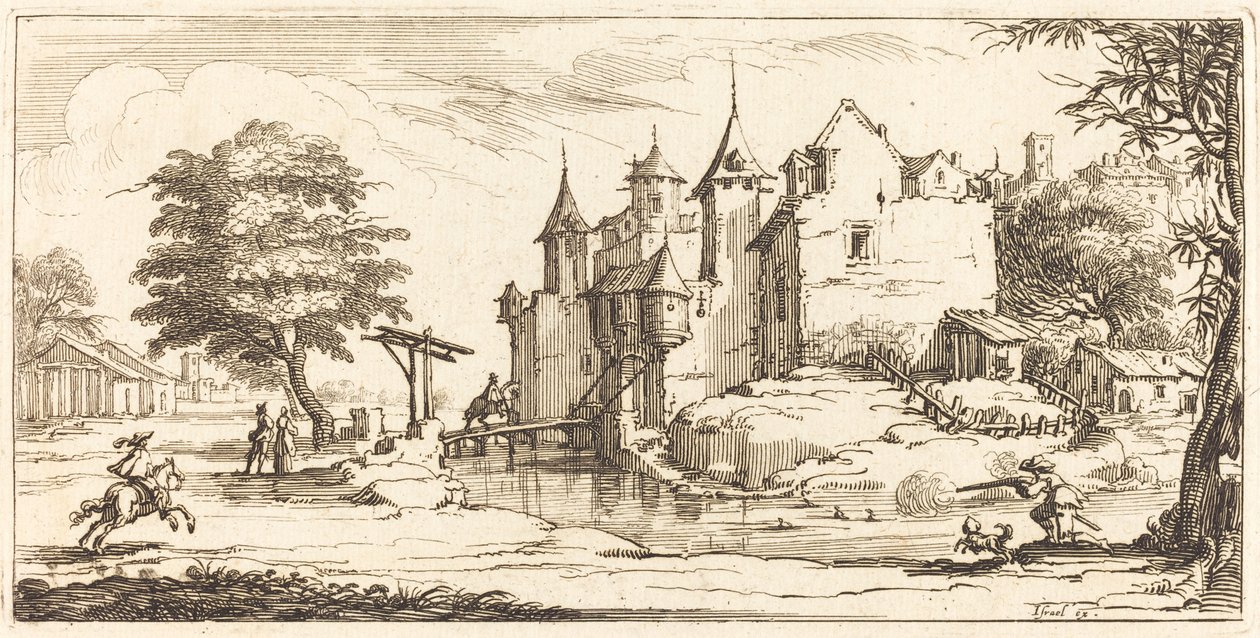 Kastély felvonóhíddal alkotó: After Jacques Callot